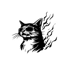 Cool flaming cat with sunglasses, edgy hand-drawn illustration