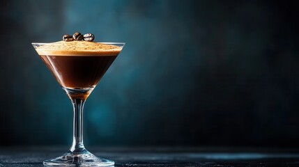 An artistic representation of a coffee cocktail displayed in an elegant martini glass with a dramatic background captures the allure and sophistication of modern beverages.