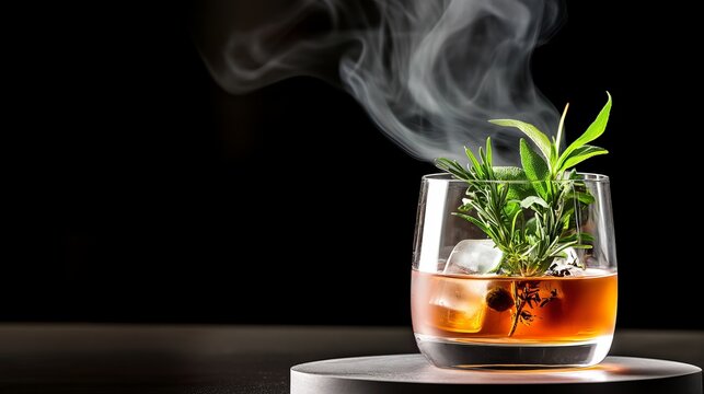 Elegant cocktail with herbs and smoke, set against a dark background, showcasing mixology art