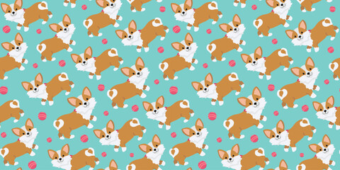 Cartoon dog pattern. Corgi and toys balls. Funny cute puppy, pet in collar. Seamless background.