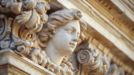 Obraz premium Ornate stone carving of a classical female figure on historical building facade