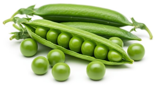 A close-up of fresh green peas in a partially opened pod arranged on a clean white background