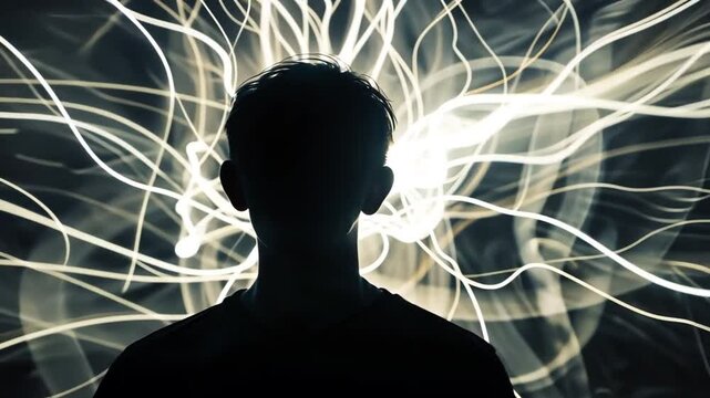 Person mit abstrakten Lichtstrahlen im Kopf