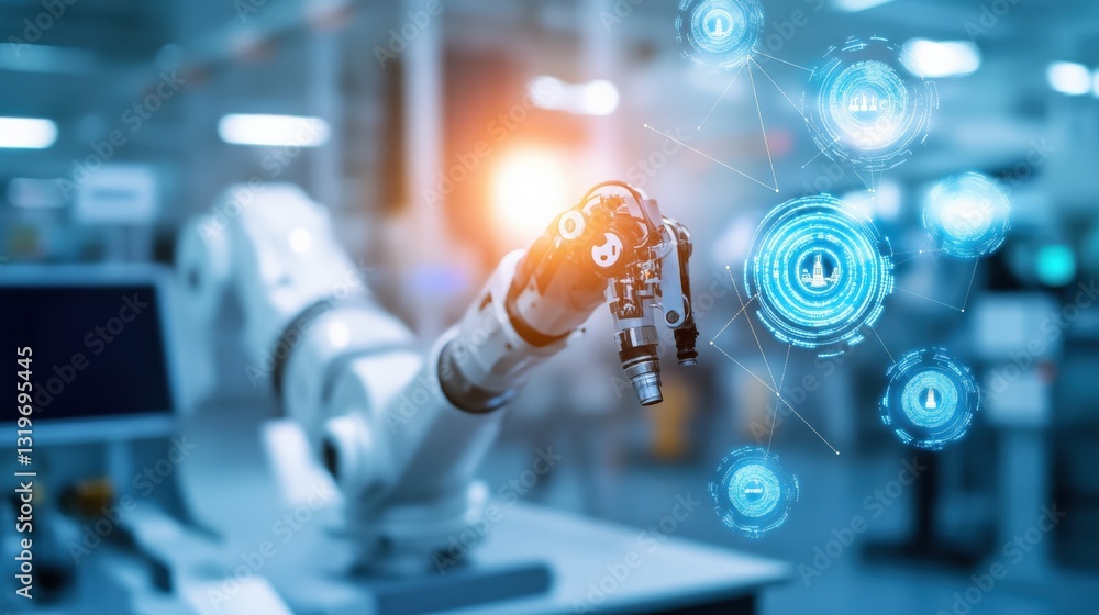Poster innovative robotic arm technology in industrial automation factory setting digital interface high-te