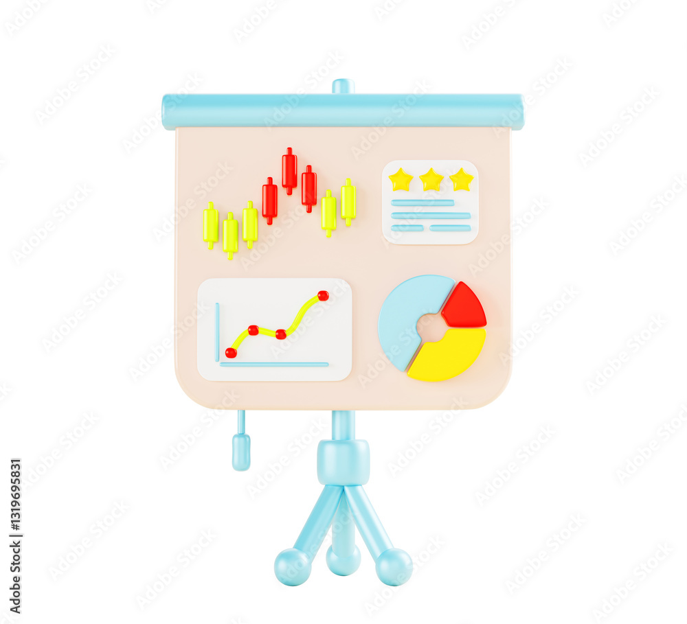 Poster 3d white board with infographic charts and diagrams. isolated flipchart on blue tripod with data gra