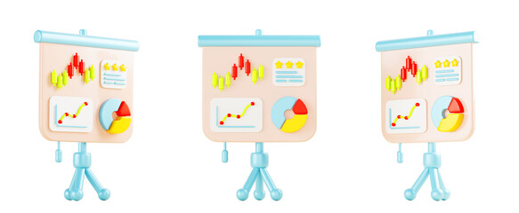 3d set of flipchart with infographic charts and diagrams front side view. Whiteboard on tripod for business presentation of statistics and analytics data. Cartoon isolated render icon