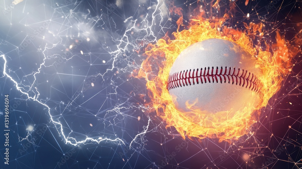 Poster baseball ball on fire and water with lightening around on abstract polygonal background. horizontal 
