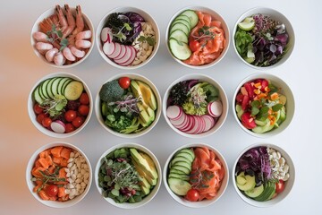 Vibrant poke bowls with fresh shrimp, salmon, and colorful veggies, perfect for healthy eating. Ideal for food blogs, menus, and lifestyle content.