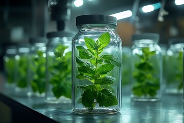 Lab Grown Mint Plant in Glass Jar, Scientific Research, Botany, Herbal Medicine