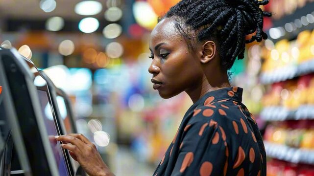 Afro american woman in a polka dot blouse using a self-checkout machine (SCO) in a supermarket, scanning items. Concept of modern shopping and independent consumer experience with automated checkouts 