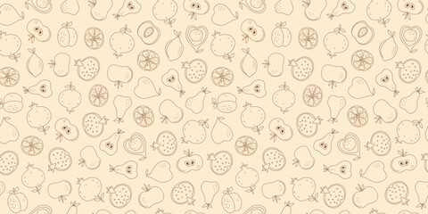 Pattern of slices, whole fruits. Line art drawing. Simple abstract fruits with leaves. Vitamin natural vegetarian food, garden harvest. Seamless background.