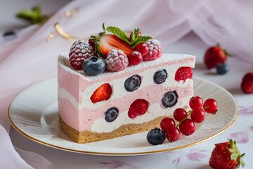 Delicious berry cheesecake slice with fresh strawberries, raspberries, and blueberries on a plate. A light and creamy dessert with a golden biscuit base, perfect for a summer treat.