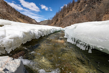 melted ice on a clear mountain river in spring