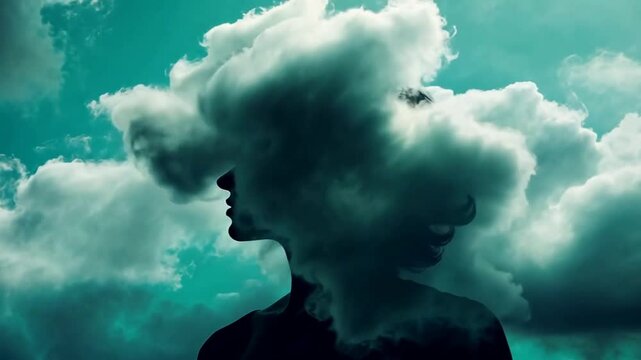 Frau mit wirren Gedanken aus dunklen Wolken