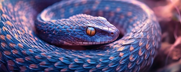A coiled snake with detailed scales and a focused gaze is seen