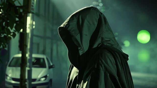 Person mit Kapuze geht nachts durch die Stadt