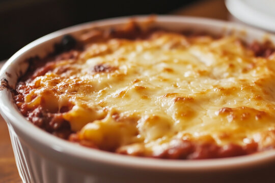 Classic baked mostaccioli with melted cheese