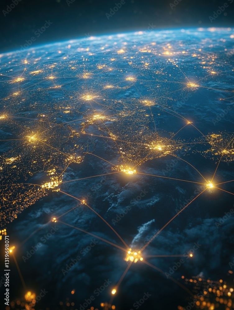 Poster aerial view of a glowing global trade network with interconnected routes and hubs visualizing the wo