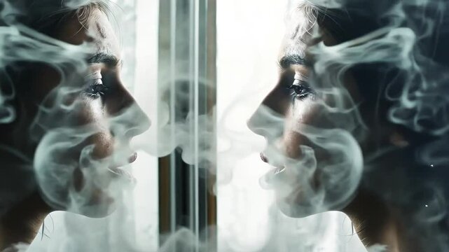 Zwei spiegelnde Gesichter mit Nebelschwaden