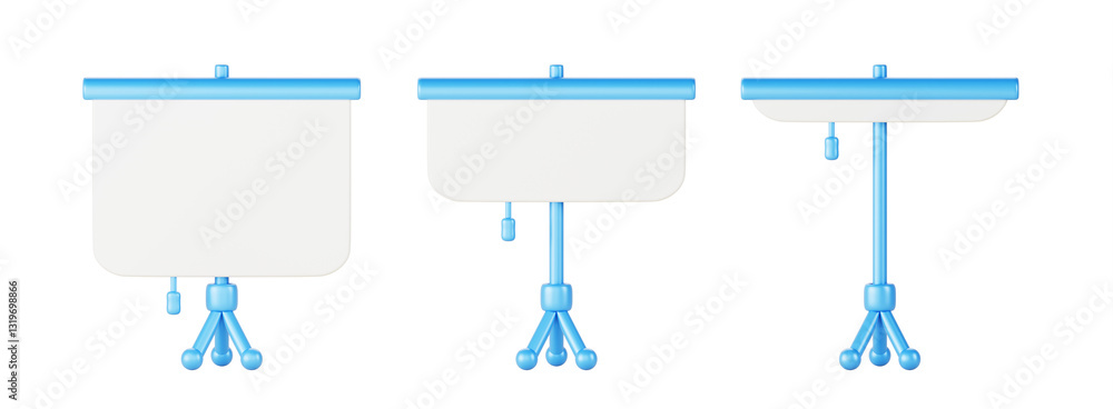 Poster 3d retractable roll up projector screen on blue tripod for presentation and video. animation with se