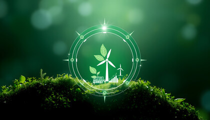 Obraz premium Concept of sustainability development by alternative energy, ESG, carbon natural, CO2 net zero.Double exposure graphic of over green renewable energy worker interface icon isolated with white highli