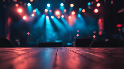 A close-up photograph facing an empty stage in a nightclub, illuminated with stage lights but devoid of musical instruments or performers