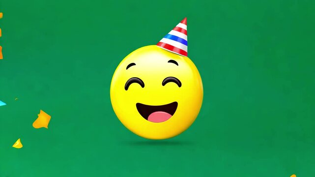 Emoji party face on green screen background 3D emoticon. Party Face Animated Glowing Emoji. 4k Animation with alpha channel transparent background. Looped animation. Confetti falling