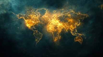 Abstract world map with fiery glowing lines on dark background