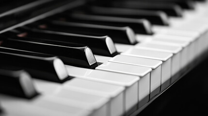 A close-up photograph of a black and white piano keyboard, highlighting the details of the keys that produce music and sound