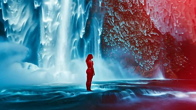 Person steht vor einem riesigen Wasserfall