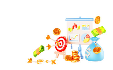 Goal achievement isometric 3d render banner. Business target with arrow, white board with data graphs and charts, money bag with coin and cash. Marketing strategy, financial success