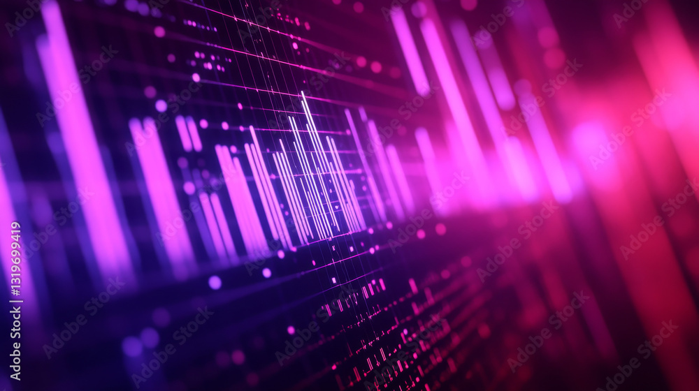 Poster a composition featuring a white sound frequency level meter set against a red-violet background, emp
