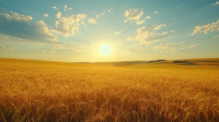 Fototapeta premium Golden wheat field at sunset with blue sky and clouds