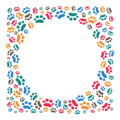Frame, border of cartoon animal tracks, paw prints by pets. Vector background for print design. Card with place for text. Pet products. Banners with notification about pet. Background isolated.