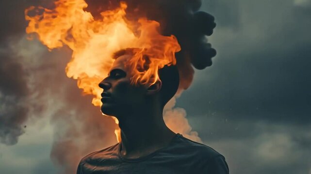 Kopf einer Person steht in Flammen