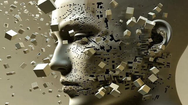 Digitales Gesicht zerf&auml;llt in kleine W&uuml;rfel