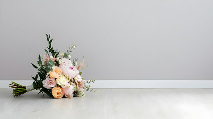 Elegant Bouquet of Pink White and Peach Roses with Green Foliage on a Textured Surface