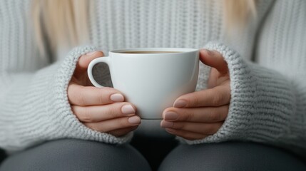 Cozy Winter Moment: Woman in Knit Sweater Holding a Warm Mug