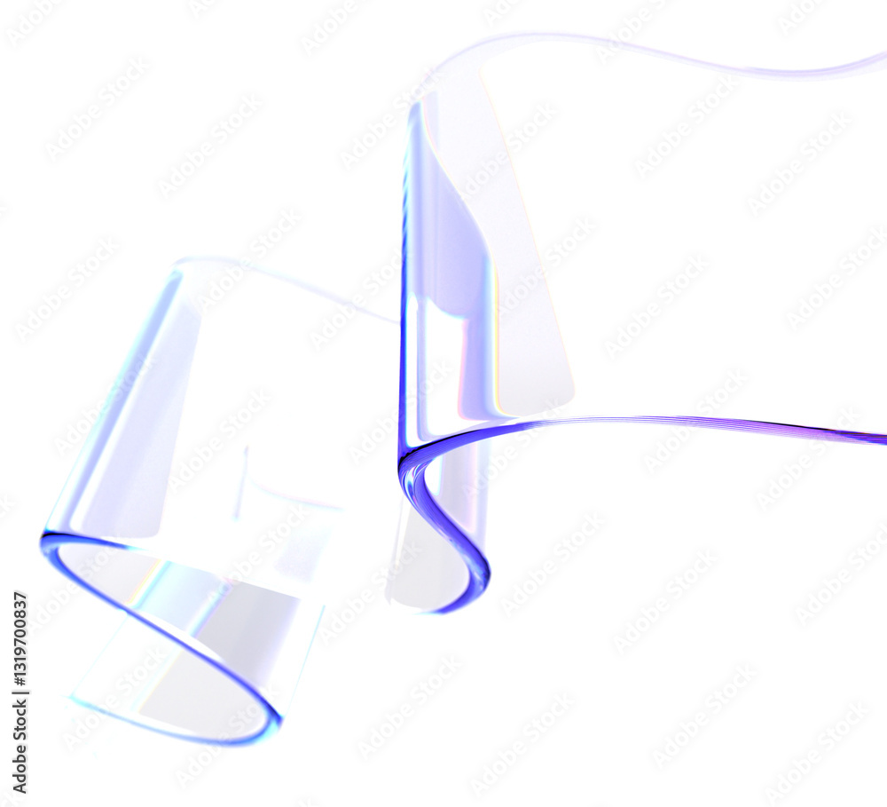 Poster 3d abstract liquid glass transparent clear ribbon wave line render. Chromatic fluid flow curve shape with holographic gradient texture, dispersion light. Flying glossy design element