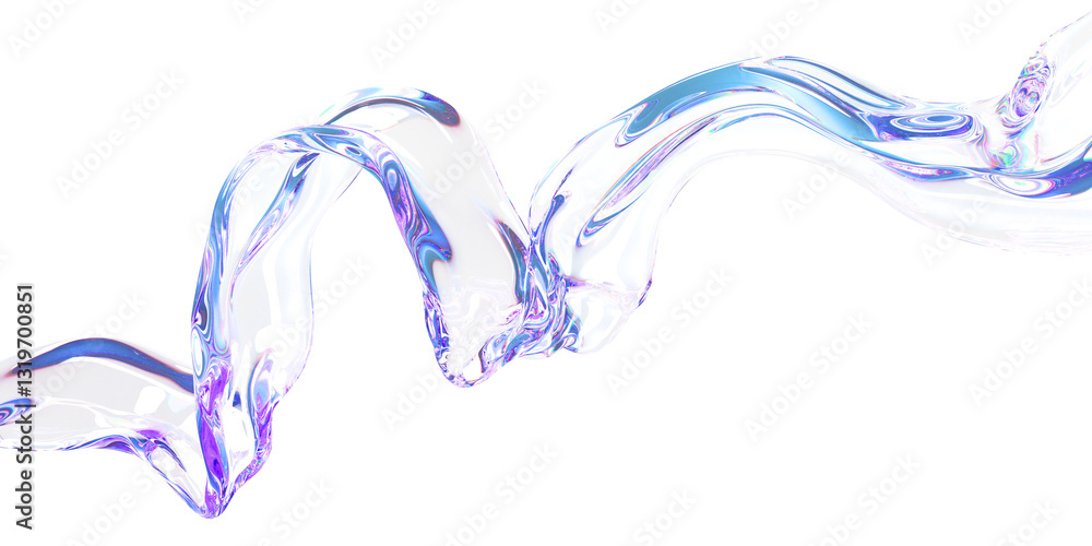 Poster 3d abstract liquid glass transparent clear ribbon water wave line render. iridescent fluid flow curv
