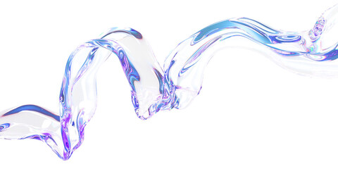 3d abstract liquid glass transparent clear ribbon water wave line render. Iridescent fluid flow curve shape with holographic gradient texture, dispersion light, flying design element