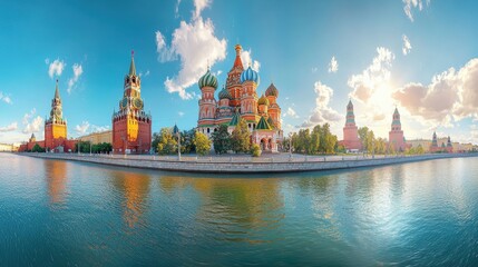 Iconic moscow cityscape featuring st. basil's cathedral and kremlin towers