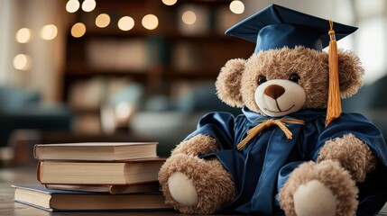 A cute teddy bear wearing a graduation cap and gown sits beside a stack of books, creating a warm and celebratory atmosphere with blurred lights in the background.
