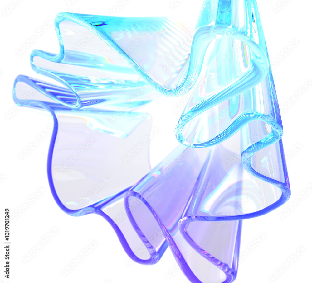 Poster 3d glass abstract liquid transparent ribbon render. chromatic wave fold line in shape of flower. rai