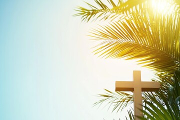 Serene Palm Sunday: Cross Silhouette with Lush Tropical Leaves Background. Perfect for religious celebrations, Easter, Lent, spring themes,           