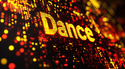 A digitally generated image displaying the word "Dance" against a backdrop of glowing yellow spots, blending technology with a digital interface theme