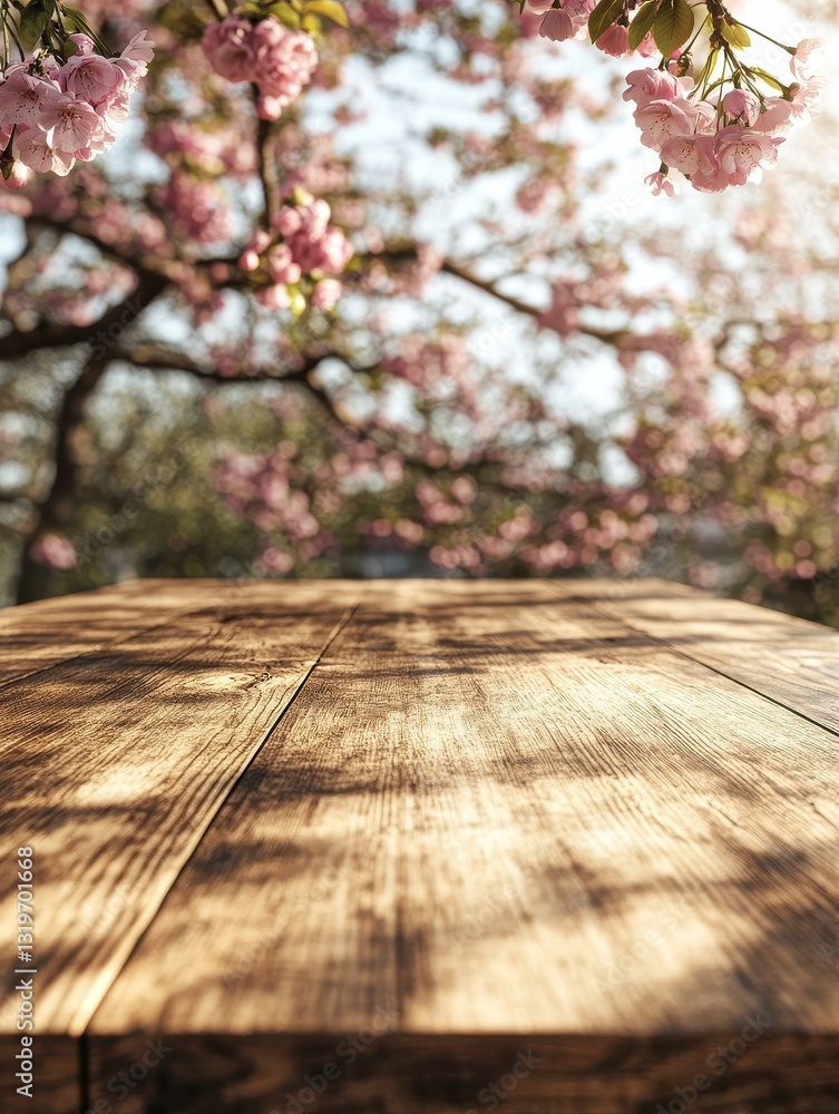 Poster spring background with wooden table. natural template for product display with cherry blossoms bokeh