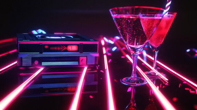 A digitally generated image featuring a retro-themed party text alongside an audio cassette and neon cocktail graphics