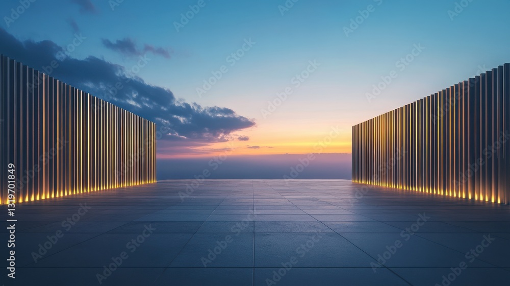 Poster blank open air presentation stage with glowing light between fence and floor and blue sky on backgro