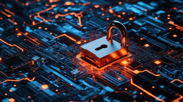 White digital padlock over circuit board ground